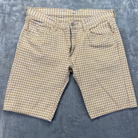 New Levi's 504 Shorts Men's 36 Brown White Checked 100% Cotton Longer 10" - Picture 1 of 8